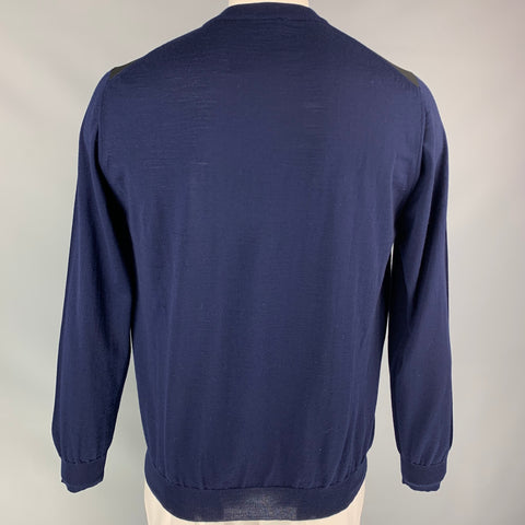 LANVIN Size XXL Navy Knitted Wool Crew-Neck Pullover