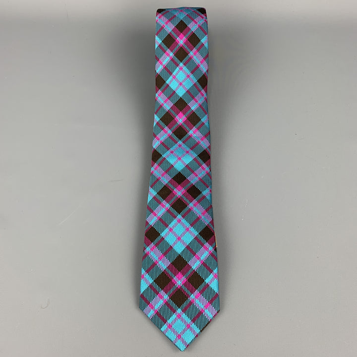 PHINEAS COLE Aqua Blue & Pink Plaid Silk Skinny Tie