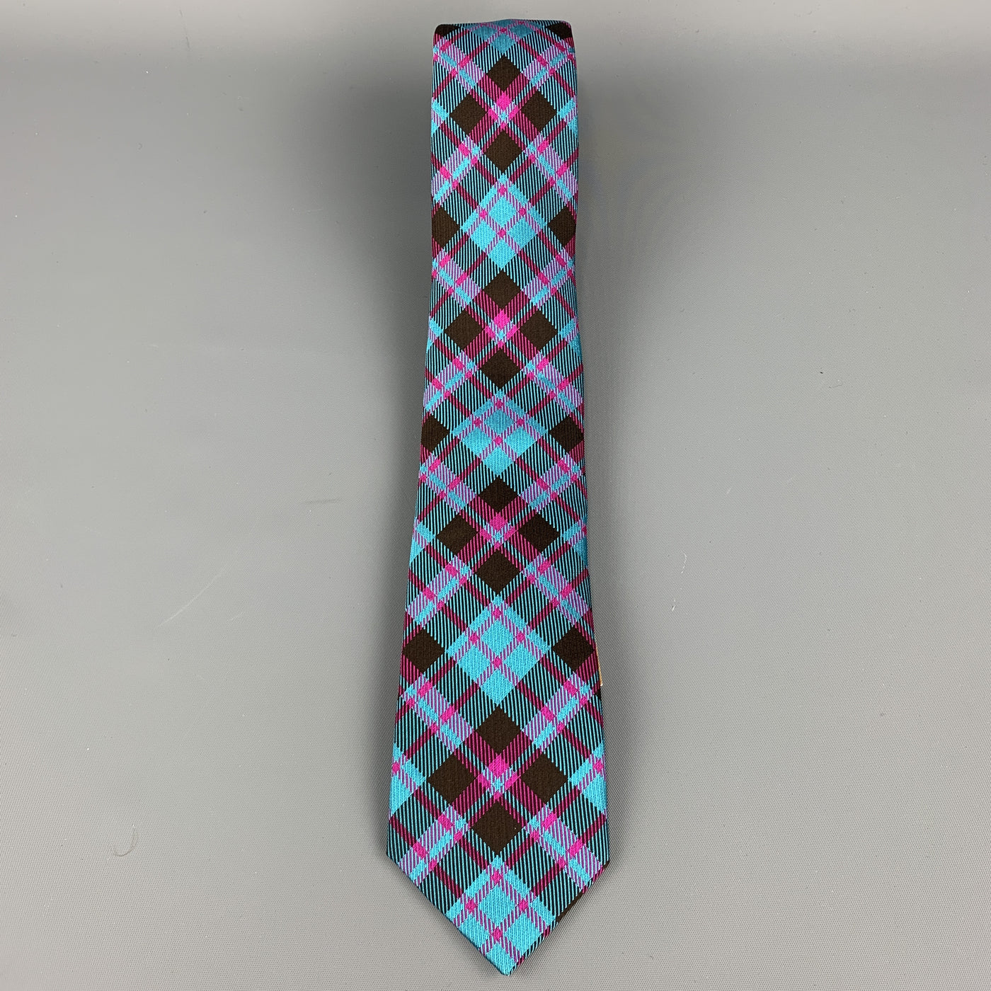 PHINEAS COLE Aqua Blue & Pink Plaid Silk Skinny Tie