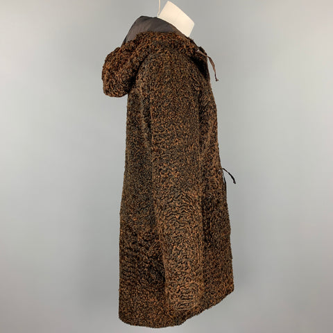 VINTAGE Size M Brown Stripe Astrakhan Fur Reversible Hooded Jacket