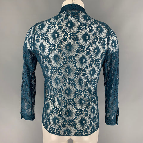 GUCCI S/S 16 Size XS Teal Sheer Lace Polyamide Blend Long Sleeve Shirt