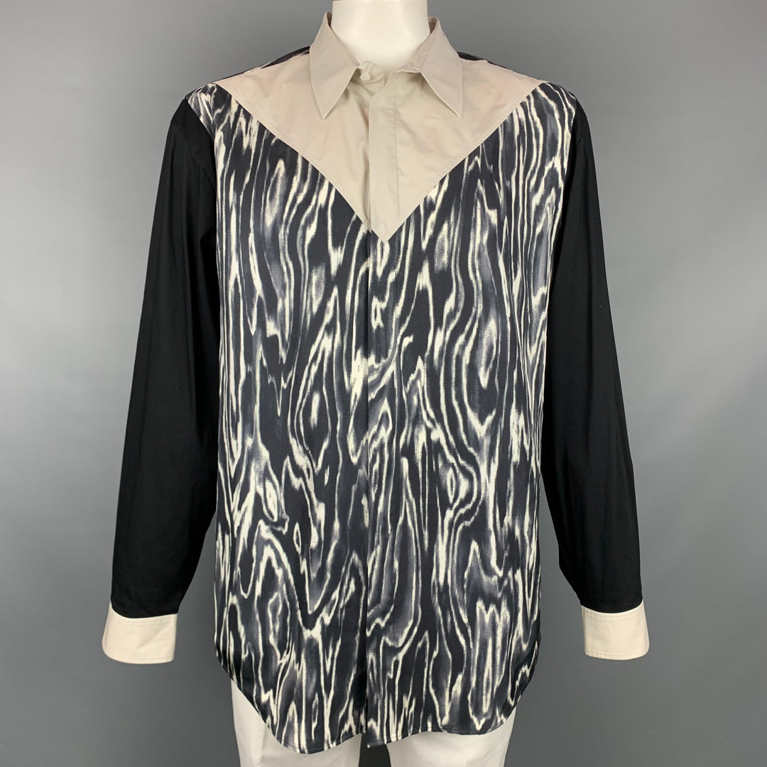 3.1 PHILLIP LIM Size XL Black & Light Grey Print Silk / Cotton Long Sleeve Shirt