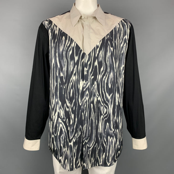 3.1 PHILLIP LIM Size XL Black & Light Grey Print Silk / Cotton Long Sleeve Shirt