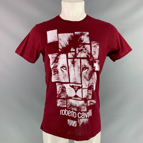 ROBERTO CAVALLI Size M Burgundy White Graphic Cotton Short Sleeve Shirt