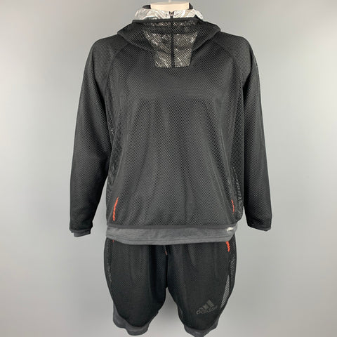 ADIDAS by KOLOR Size XL Black & Silver Mesh Polyester Hooded Sweatshirt