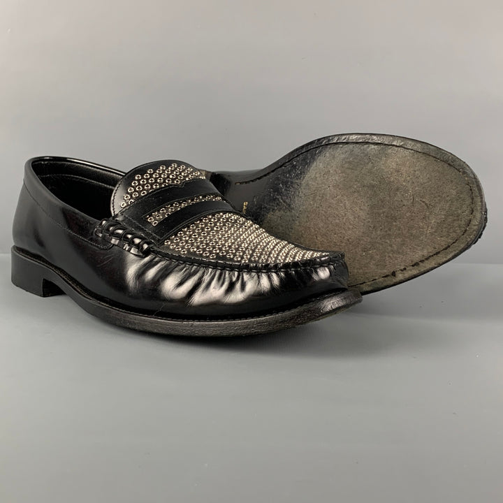 SAINT LAURENT Size 9 Black Silver Studded Leather Slip On Loafers