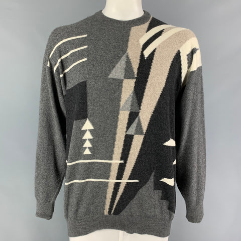 NEIMAN MARCUS Size XL Grey Black Beige Geometric Cashmere Crew-Neck Sweater