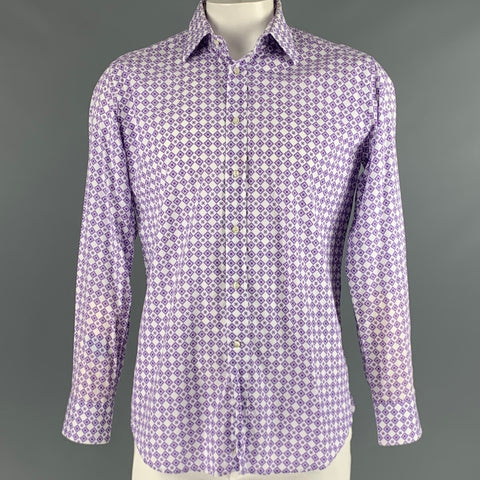 ETRO Size L Purple White Rhombus Cotton Button Up Long Sleeve Shirt
