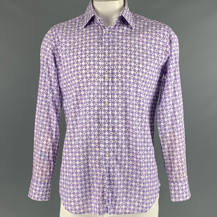 ETRO Size L Purple White Rhombus Cotton Button Up Long Sleeve Shirt