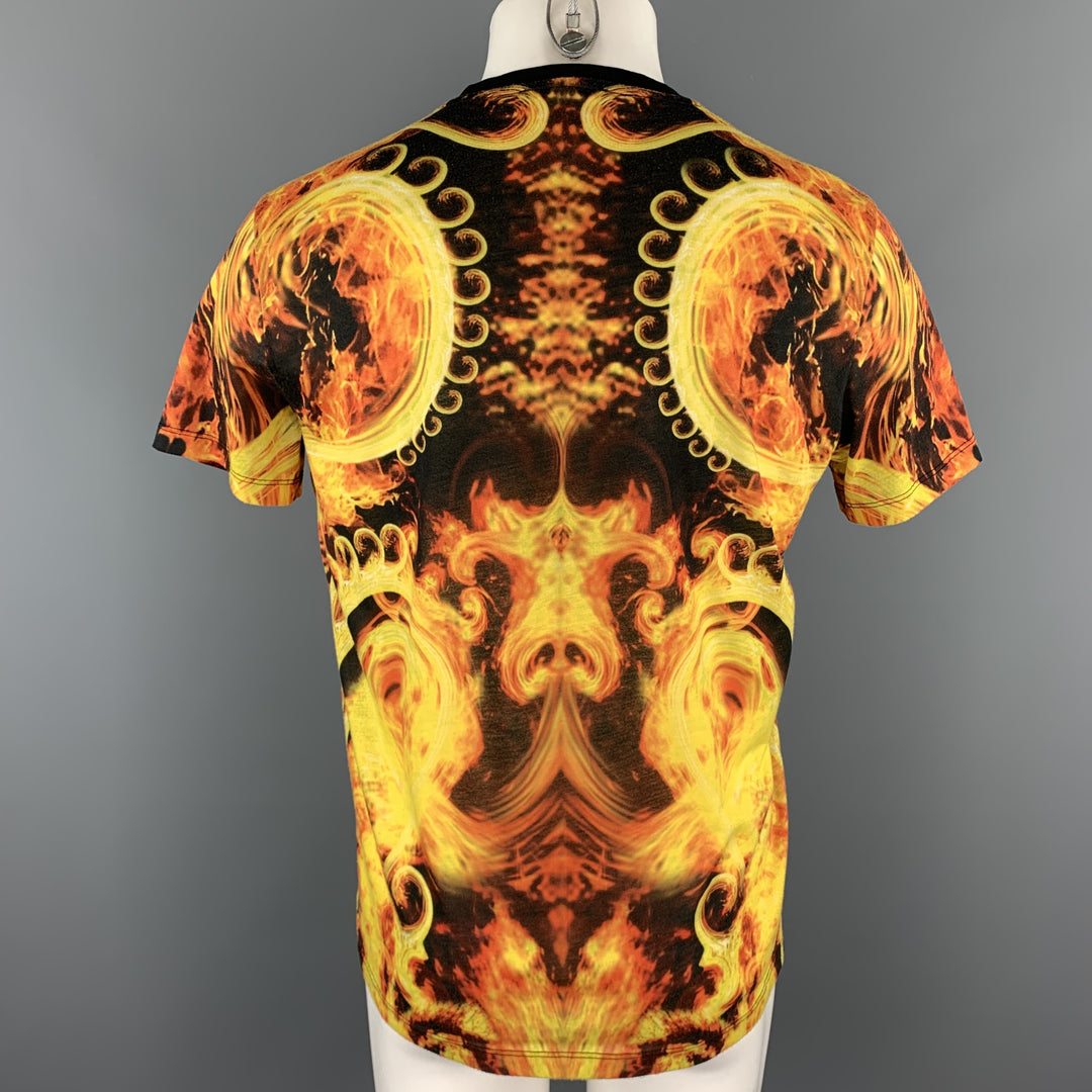 GIVENCHY "Madonna in Flames" Size XS Black & Yellow Flames Polyester Crew-Neck T-shirt
