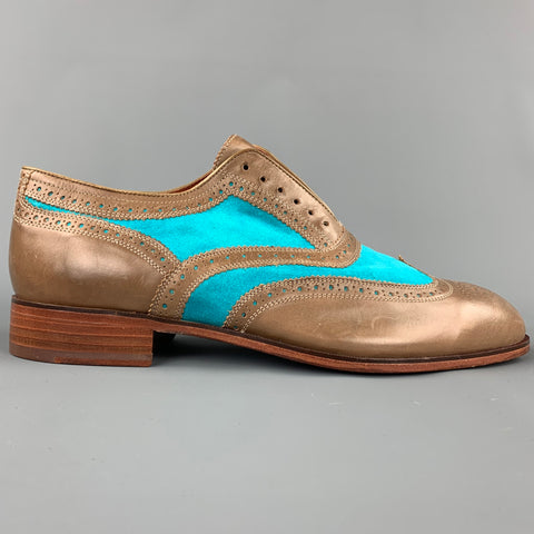 FLORSHEIM for DUCKIE BROWN Size 11 Taupe & Aqua Perforated Leather Wingtip Shoes