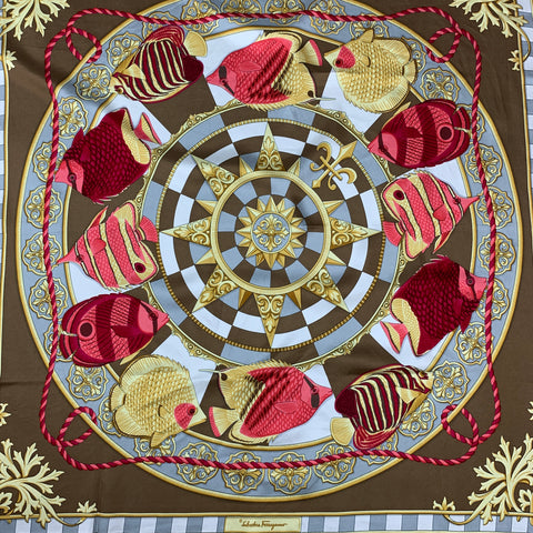 SALVATORE FERRAGAMO Yellow & Red Fish Print Twill Scarf