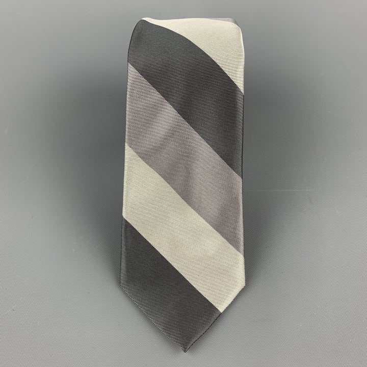 BAND OF OUTSIDERS Silver & Gray Striped Silk Skinny Tie