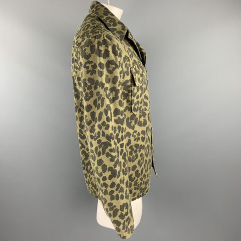 SAINT LAURENT Spring 2016 Size 40 Olive & Black Leopard  Print Cotton Jacket