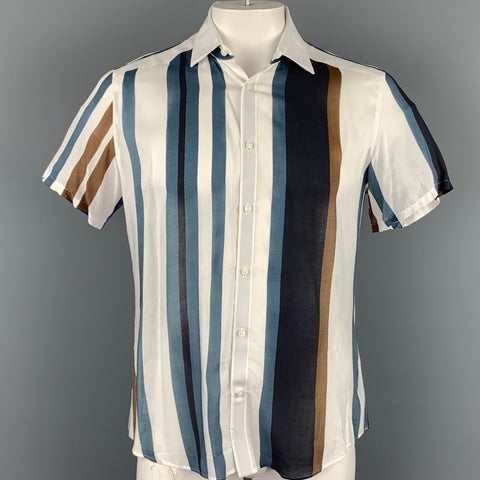 REISS Slim Fit Size L White & Blue Stripe Viscose Short Sleeve Shirt