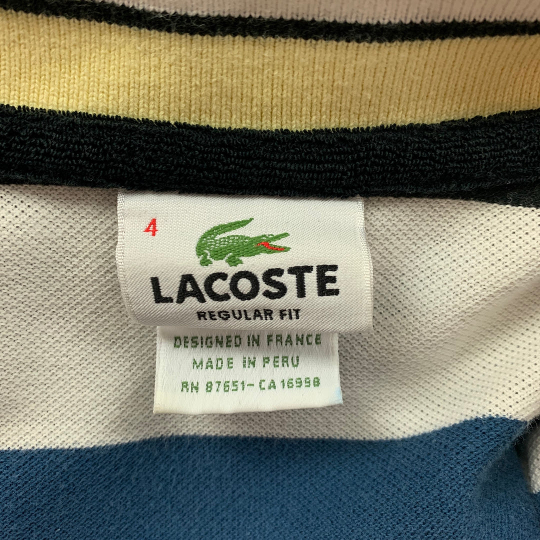 LACOSTE Size L White Blue Black Stripe Cotton Short Sleeve Polo