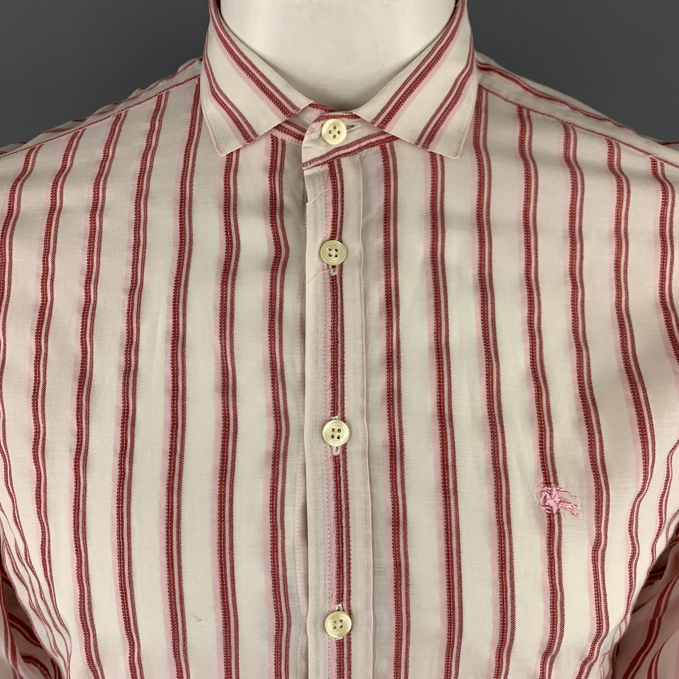 BURBERRY LONDON Size M Brick Red Stripe Cotton Blend Button Up Long Sleeve Shirt