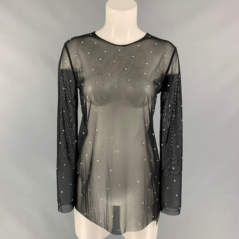 NORMA KAMALI Size XS Black See Through Nylon Rhinestones Blouse