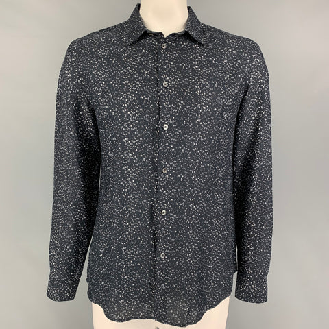 JOHN VARVATOS Talla L Camisa Manga Larga Mezcla Lino Estampado Blanco Negro