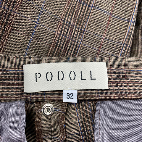 PODOLL Size M Brown Plaid Cotton Blend Peak Lapel Suit