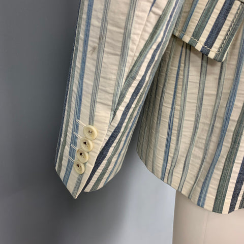 JUST CAVALLI Size 40 Cream & Blue Stripe Cotton Blend Peak Lapel Sport Coat