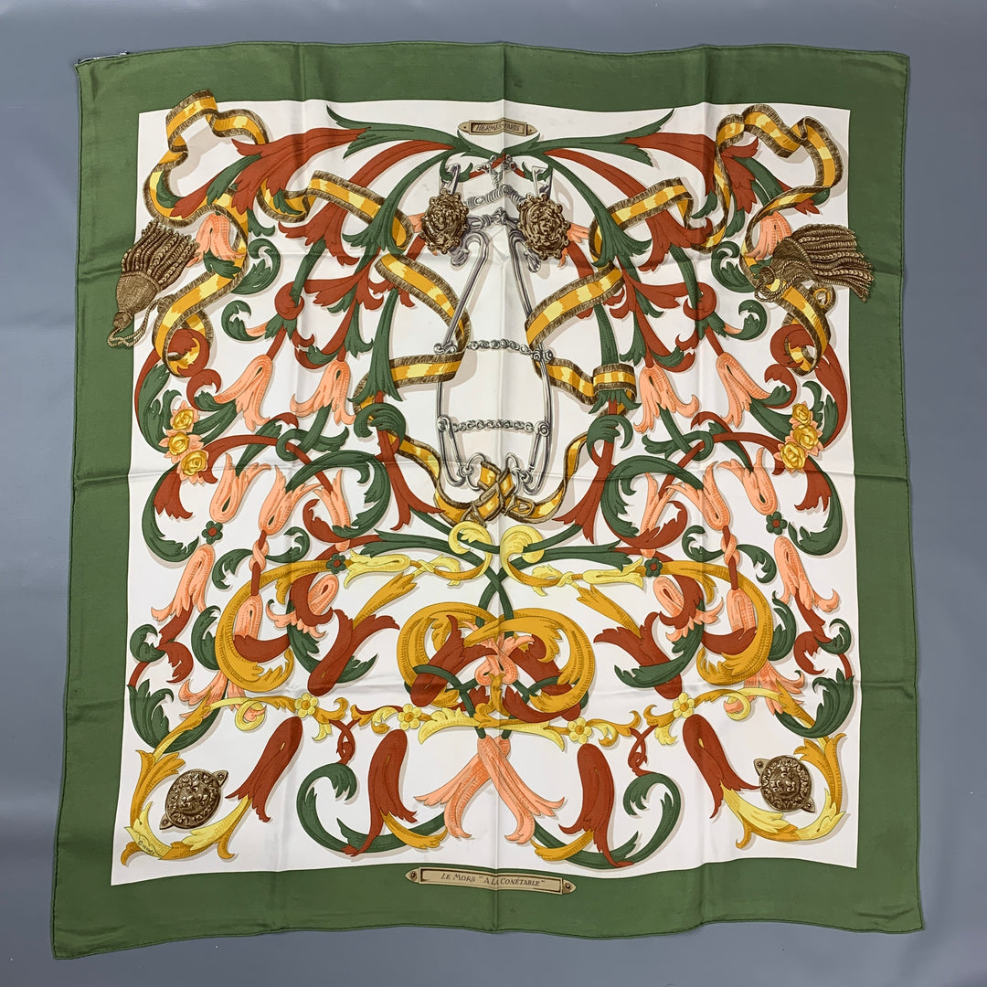 Vintage HERMES Le Mors A LaConetable by Henri D'Origny Green & Rust Tapestry Silk Scarf