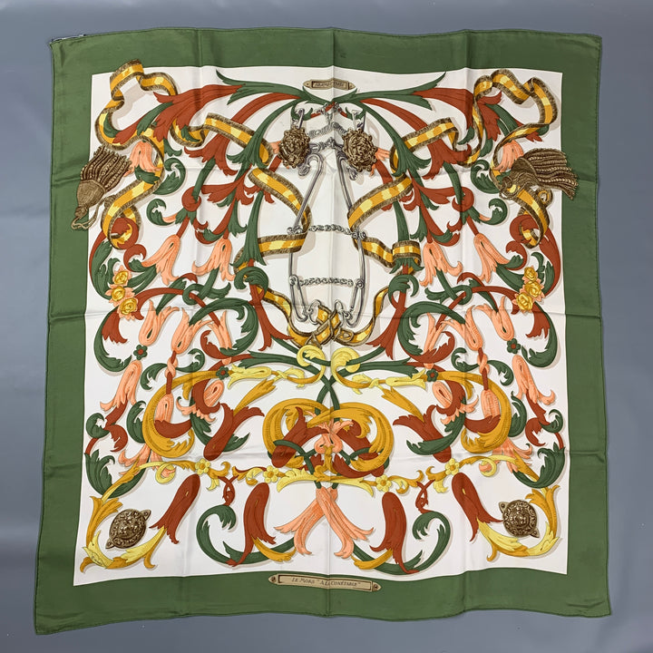 Vintage HERMES Le Mors A LaConetable de Henri D'Origny Green &amp; Rust Tapestry Bufanda de seda