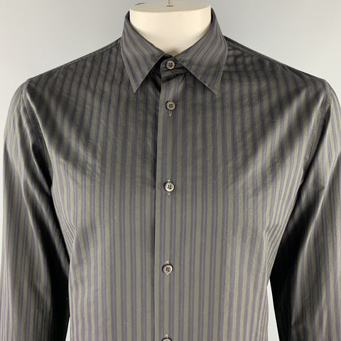 PRADA Talla L Camisa de manga larga con botones de algodón a rayas grises y azul marino
