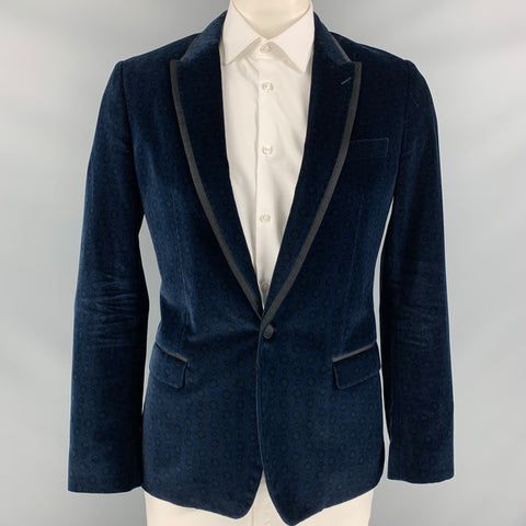 DOLCE & GABBANA Size 42 Navy & Black Print Velvet Notch Lapel Sport Coat