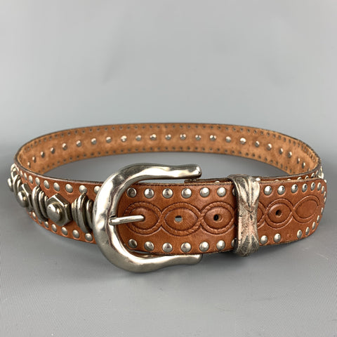 NANNI Size 36 Tan & Silver Studded Leather Metal Belt