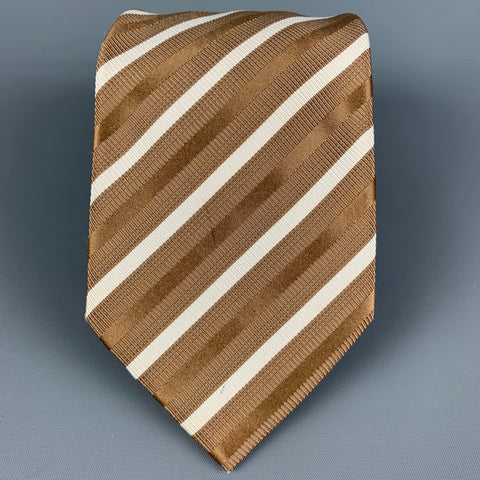 BRIONI Taupe White Brown Diagonal Stripe Silk Tie