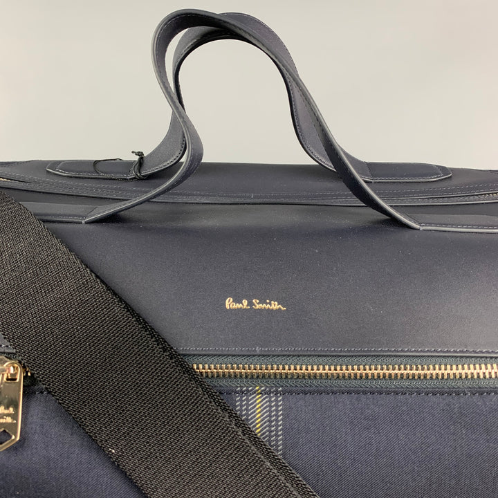 PAUL SMITH Navy Gold Plaid Leather Trim Canvas Weekender Bag