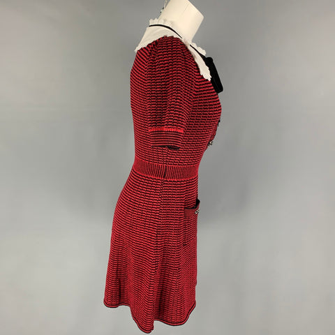 SELF-PORTRAIT Size 6 Red Black Knit Stripe Short Sleeve Dress