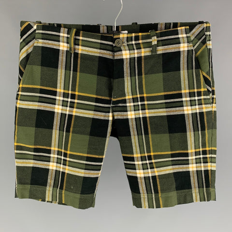 TOMAS MAIER Size 31 Olive Black Plaid Cotton Button Fly Shorts
