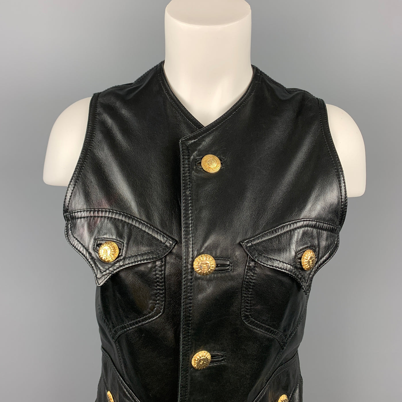 GIANNI VERSACE Size L Black Leather Gold Buttons Vest