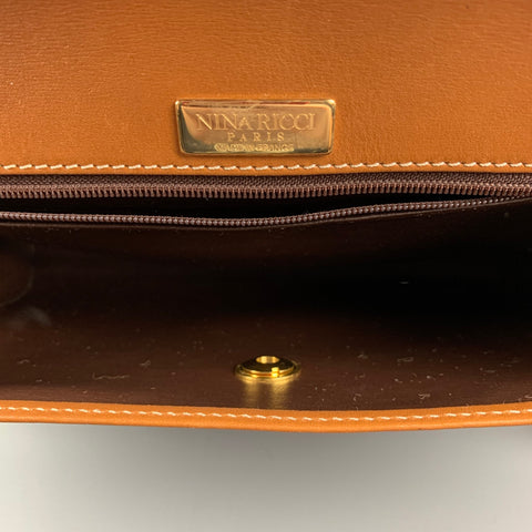 Vintage NINA RICCI Tan & Gold Contrast Stitch Leather Clutch Handbag