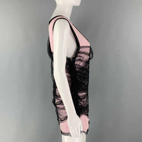 VALENTINO Talla 8 Top de vestido sin mangas fruncido de mezcla de algodón negro rosa