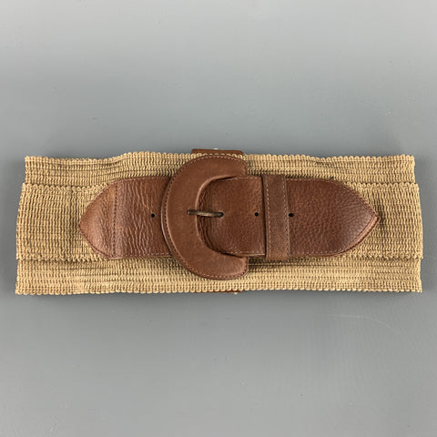 DONNA KARAN Size 4 Woven Beige Leather Buckle Elastic Waist Belt