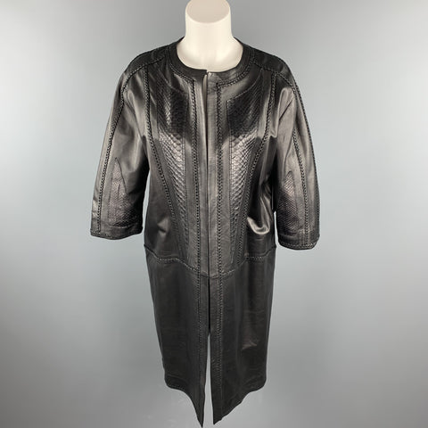 GIZIA Size 4 Black Leather Lamb Skin Braided Open Front Coat