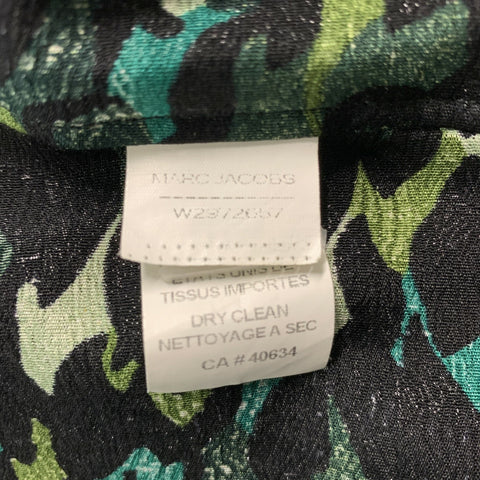 MARC JACOBS Size 4 Black &  Green Silk &  Nylon Camouflage Bow  Shirt