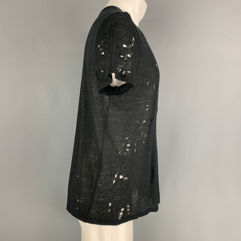 IRO Size S Black Distressed Linen Crew-Neck T-shirt