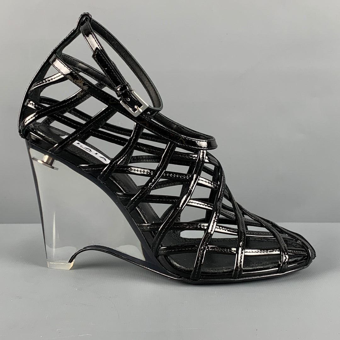 ALAIA Size 7 Black Caged Patent Leather Wedge Sandals
