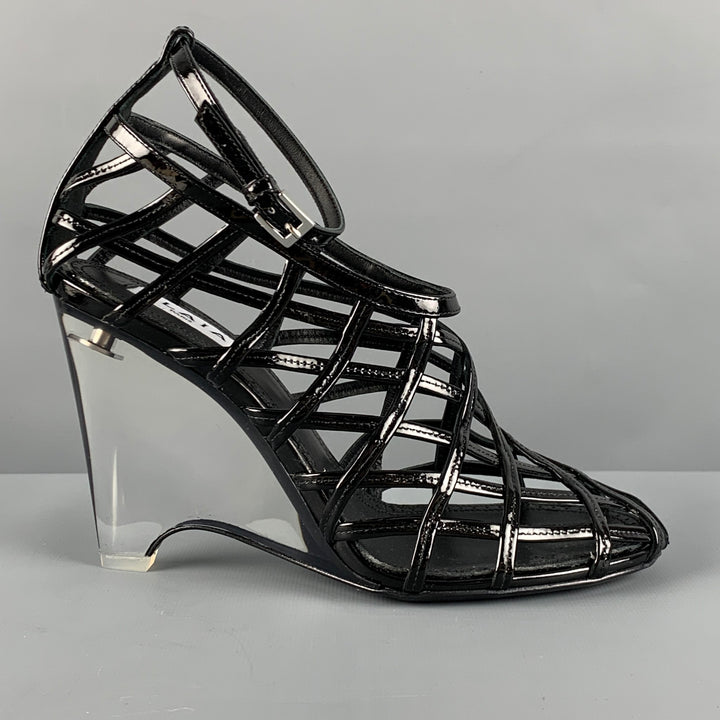 ALAIA Size 7 Black Caged Patent Leather Wedge Sandals