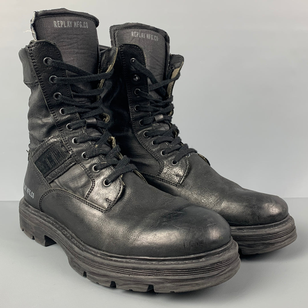 REPLAY Size 10 Black Leather Combat Ankle Boots