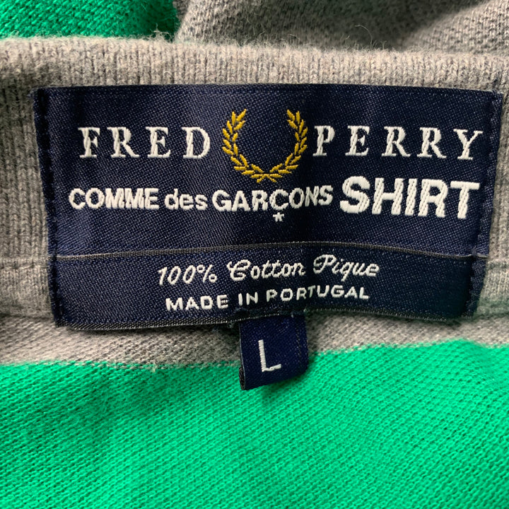 FRED PERRY x COMME des GARCONS SHIRT Size L Green Grey Stripe Cotton Buttoned Polo