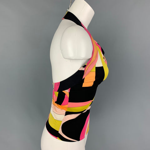 EMILIO PUCCI Size 6 Black Yellow Orange Silk Abstract Halter Casual Top