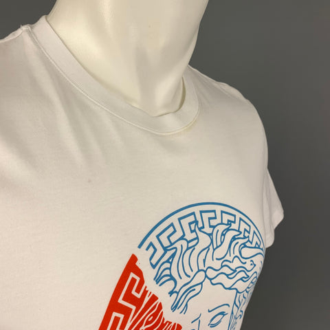 VERSACE Size S White Red Print Cotton Crew-Neck T-shirt