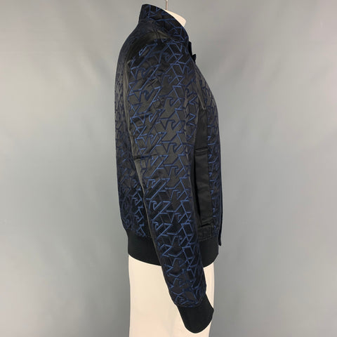 EMPORIO ARMANI Size 42 Black Blue Monogram Jacquard Satin Polyester Cotton Jacket
