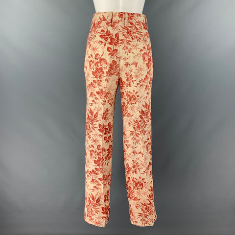 GUCCI Size 2 Cream Burgundy Linen Floral Flat Front Dress Pants