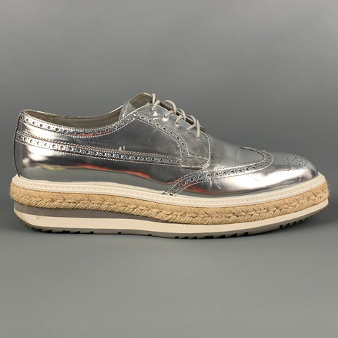 PRADA Size 10 Silver Perforated Leather Platform Lace Up Shoes